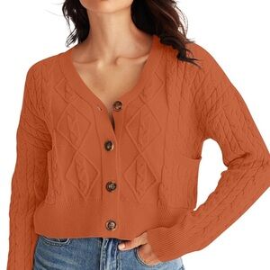 Merokeety rust v-neck button down v-neck cable knit crop cardigan, size small